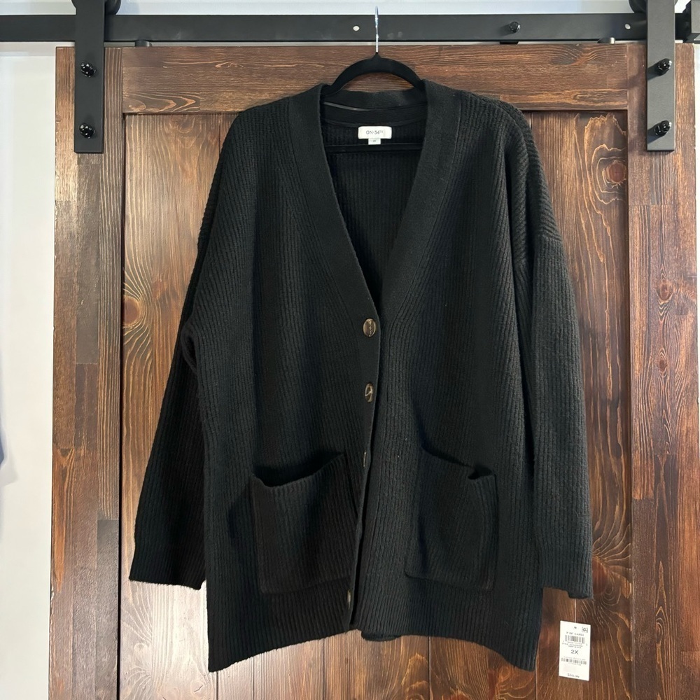 ON 34TH Plus Size Long Patch Chunky Knit Pocket Black Cardigan NWT - Picture 4 of 7
